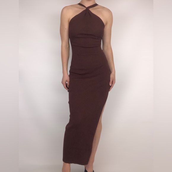 Meshki Dresses & Skirts - MESHKI Halter Ribbed Side Slit Maxi Bodycon‎ Brown Dress Size S